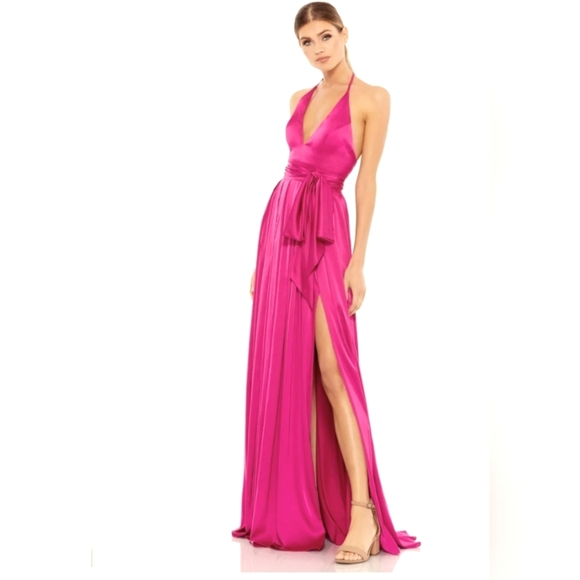 Ieena for Mac Duggal,Charmeuse Halter Strap Soft Tie Waist Gown, Magenta, Size 6 - Picture 1 of 10